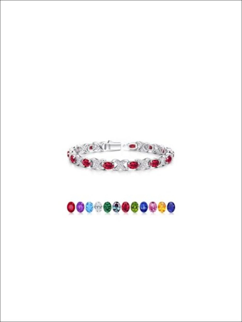 Sterling Silver Birthstone Tennis Bracelet for Women X O Design Push Button